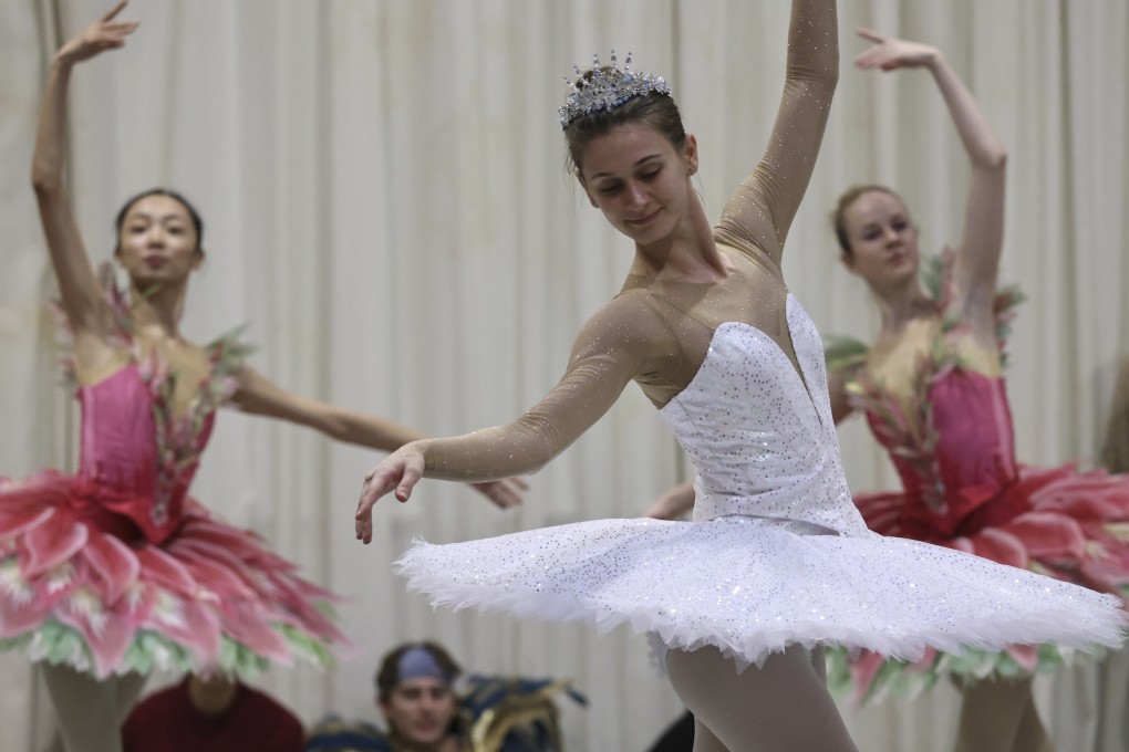 Amber Lewis (white) back row, from left: Zhang Xuening and Jessica Burrows at a rehearsal of Hong Kong Ballet’s The Nutcracker. Photo: SCMP/K. Y. Cheng