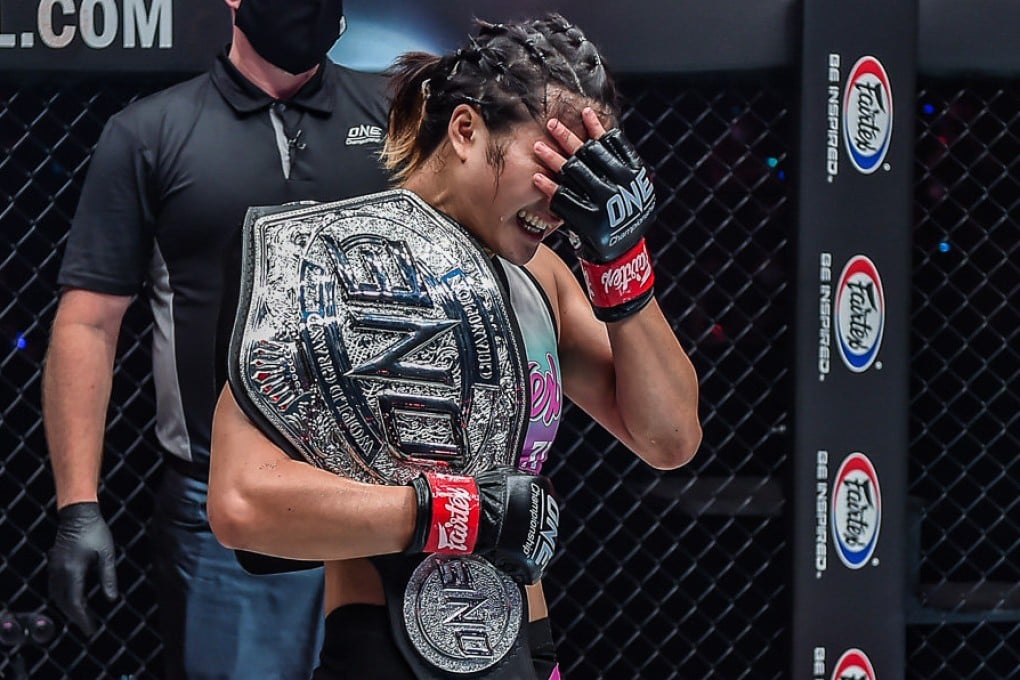 Stamp Fairtex cries as she celebrates winning the ONE atomweight grand prix. Photos: David Ash/Dux Carvajal/ONE Championship