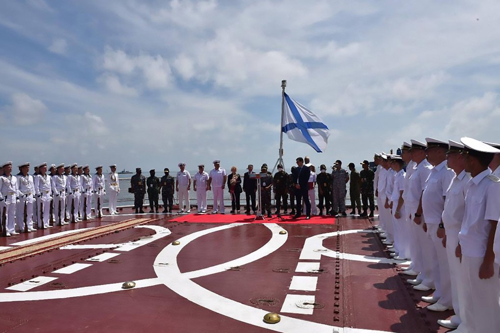 An admiral inspection ceremony on the Russian destroyer Admiral Panteleyev off the waters of Belawan during a joint exercise between the Indonesian Navy, the Russian Navy and Association of Southeast Asian Nations members. Photo: AFP
