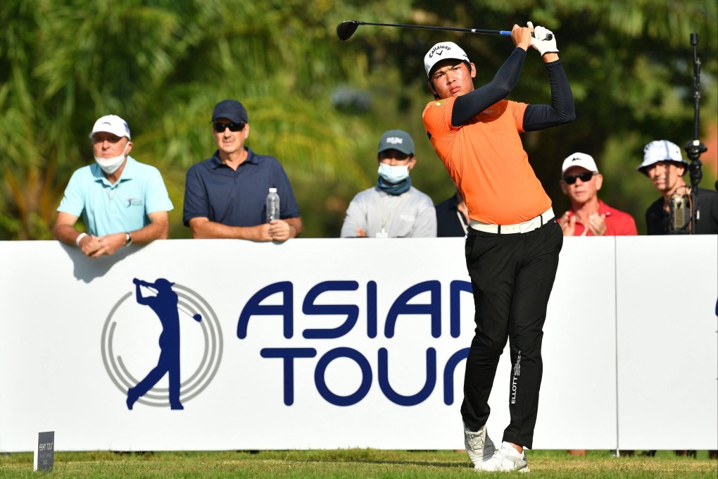 Phachara Khongwatmai tees off during his final round at the Laguna Phuket Championship. Photo: AFP