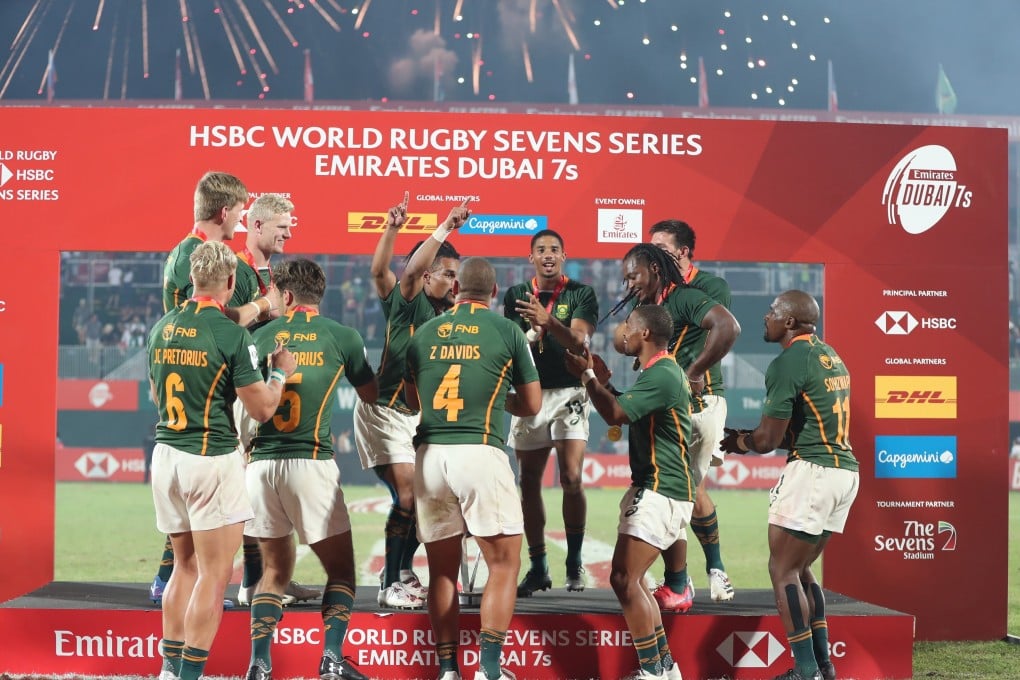 South Africa players celebrate after winning the Emirates Dubai 7s. Photo: EPA-EFE