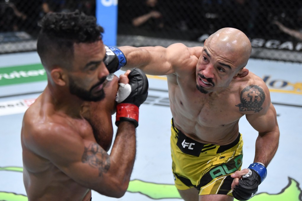 Jose Aldo punches Rob Font at UFC Vegas 44 in Las Vegas, Nevada. Photos: Jeff Bottari/Zuffa LLC