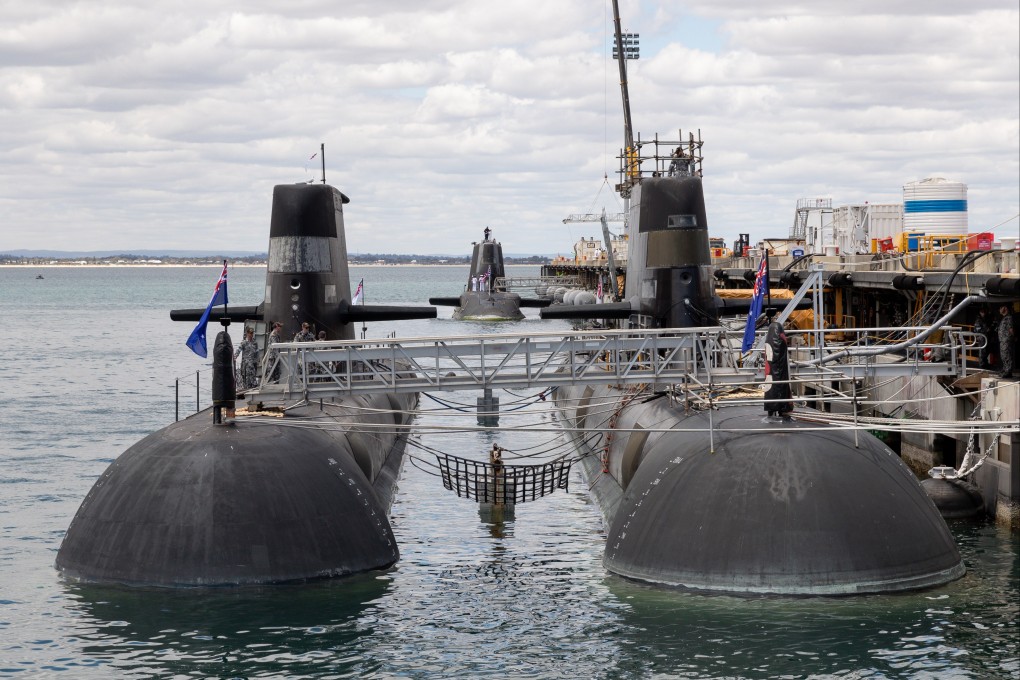 A view of two Australian Collins class submarines (front) and the UK nuclear-powered attack submarine HMS Astute (rear) at HMAS Stirling Royal Australian Navy base in Perth, Western Australia. Photo: EPA-EFE