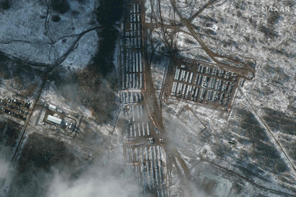This satellite image released on December 5, 2021, reportedly shows Russian ground forces equipment near Yelnya, Russia. Photo Maxar Technologies