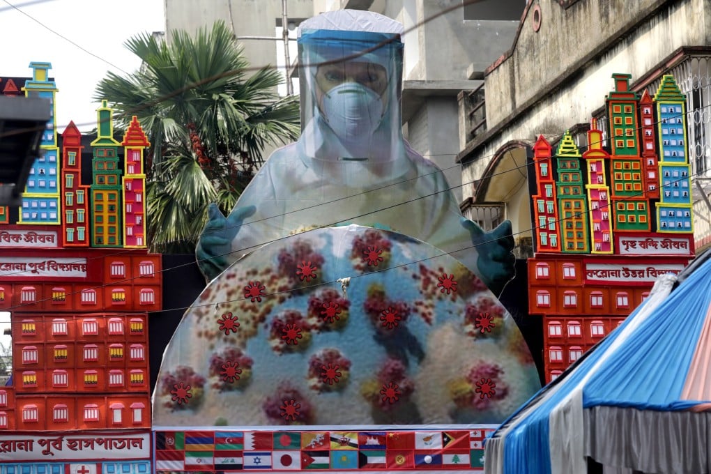 A makeshift marquee dedicated to Covid-19 is set up for the Durga Puja festival in Kolkata, eastern India. Photo: EPA