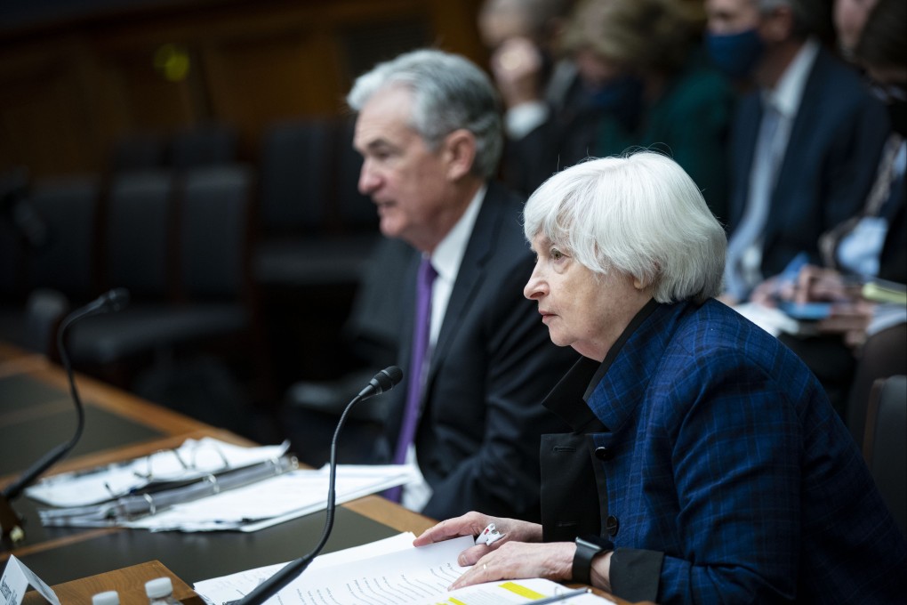 US Federal Reserve chairman Jerome Powell (left) and Treasury Secretary Janet Yellen listen during a House Financial Committee hearing in Washington on December 1. Stocks slid, short-term interest rates rose and measures of equity volatility surged after Powell warned Congress that rising inflation could justify ending asset purchases sooner than planned. Photo: Bloomberg