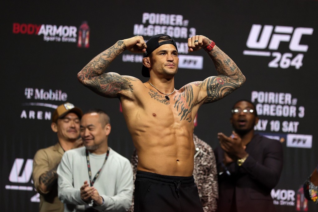 Dustin Poirier poses at the ceremonial weigh-in for UFC 264 in Las Vegas, Nevada. Photo: Stacy Revere/Getty Images/AFP.