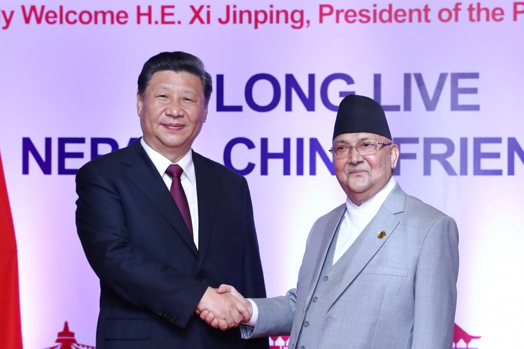 Chinese President Xi Jinping with then Nepali prime minister K.P. Sharma Oli, in Kathmandu in October 2019. Photo: Xinhua