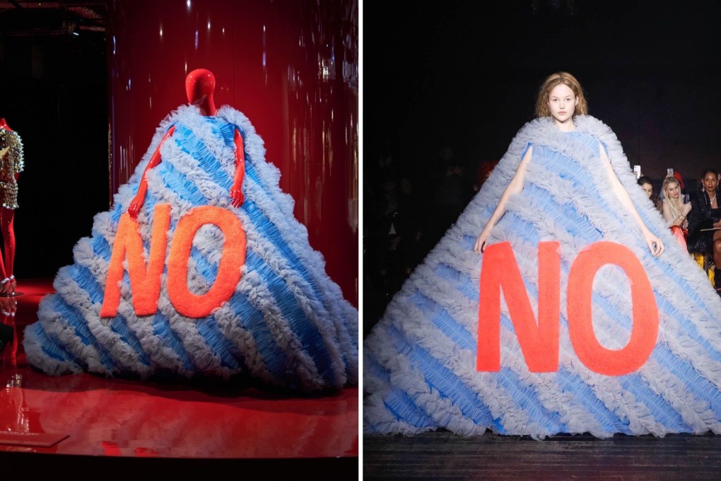 (Left) A dress from Viktor & Rolf’s spring/summer 2019 couture collection on display at K11 Musea’s “Savoir Faire: The Mastery of Craft in Fashion” exhibition; (Right) A model wears the dress at the spring/summer 2019 show.