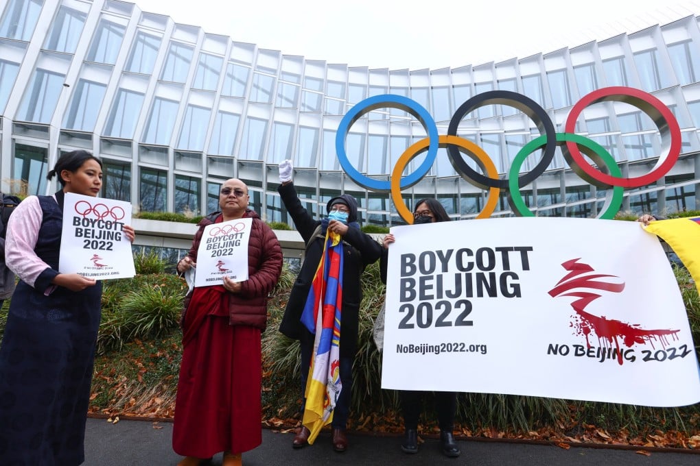 Protesters calling for a boycott of the Beijing Games demonstrate outside the International Olympic Committee’s headquarters in Switzerland. Photo: Reuters