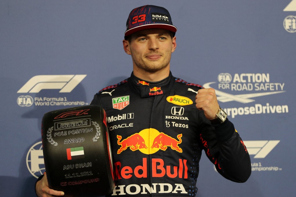 Max Verstappen celebrates after qualifying in pole position for the Abu Dhabi Grand Prix. Photo: Reuters