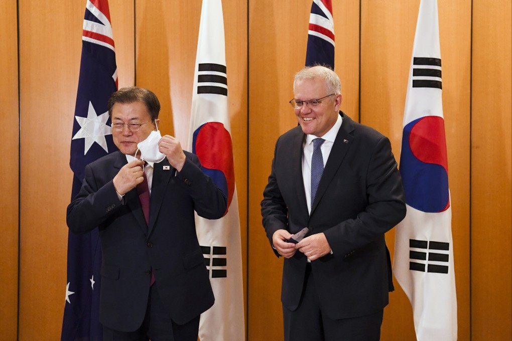 South Korean President Moon Jae-in (left) with Australian Prime Minister Scott Morrison in Canberra on Monday. Photo: AP