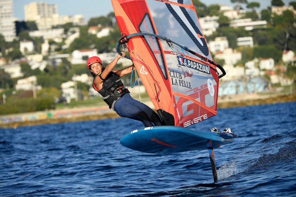 France’s Ambre Papazian speeds through the water in the new iQFOIL board to be used at the Paris 2024 Olympic Games. Photo: AFP