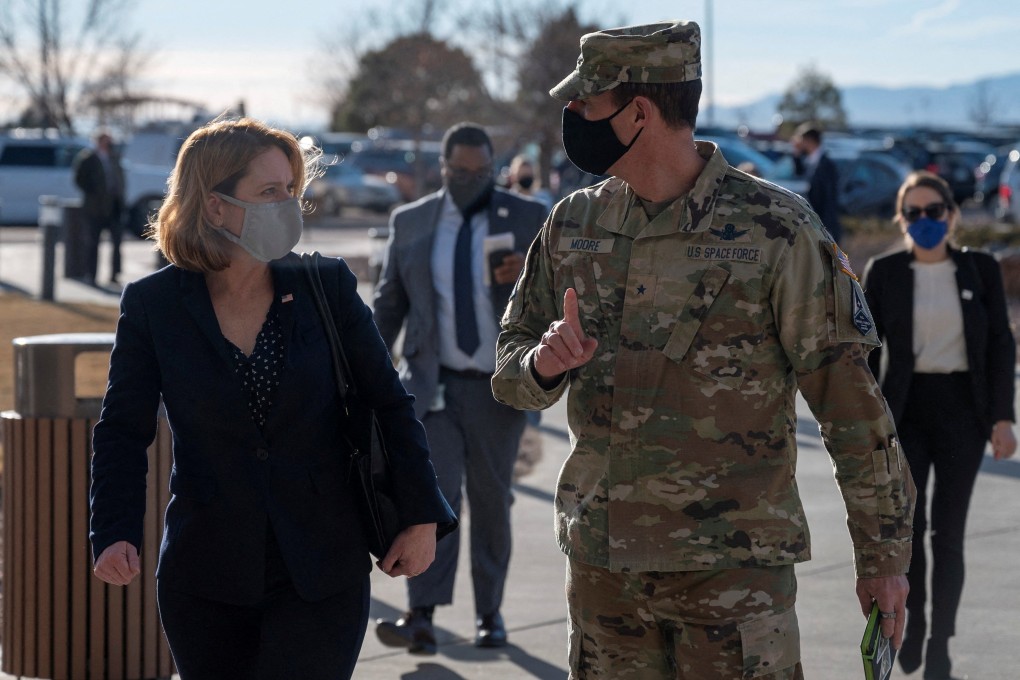 US deputy defence secretary Kathleen Hicks speaks with Brigadier General Todd Moore, deputy commander of Space Training and Readiness Command, during a trip to Schriever Space Force Base in Colorado on Monday. Photo: Reuters