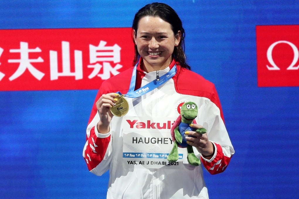 Gold medalist Siobhan Haughey during the medal ceremony for the women’s 200m freestyle final at Fina World Swimming Championships in Abu Dhabi. Photo: EPA-EFE