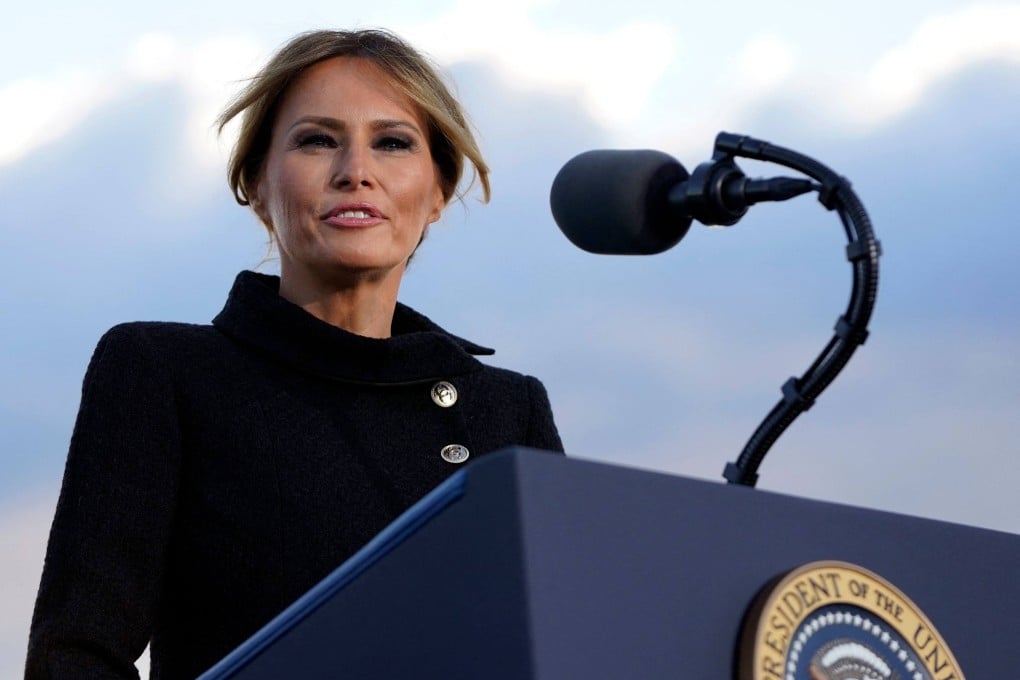 Then US First Lady Melania Trump speaks before boarding Air Force One at Joint Base Andrews in Maryland in January. Photo: AFP