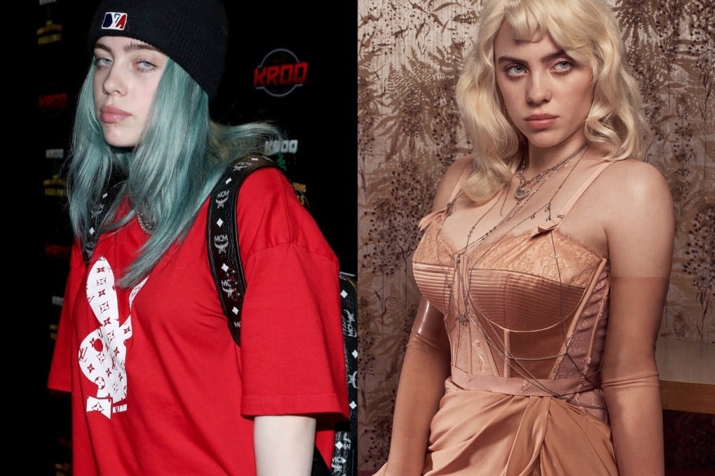 Billie Eilish in 2018 and in a photo from a British Vogue shoot in 2021, marking how the American singer’s style has changed over the years.