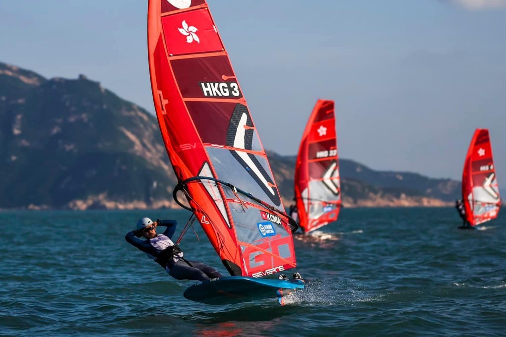 Hong Kong windsurfer Ma Kwan-ching in the lead in round three of the women’s course race at the Hong Kong Open Windsurfing Championships in Stanley Main Beach. Photo: WAHK