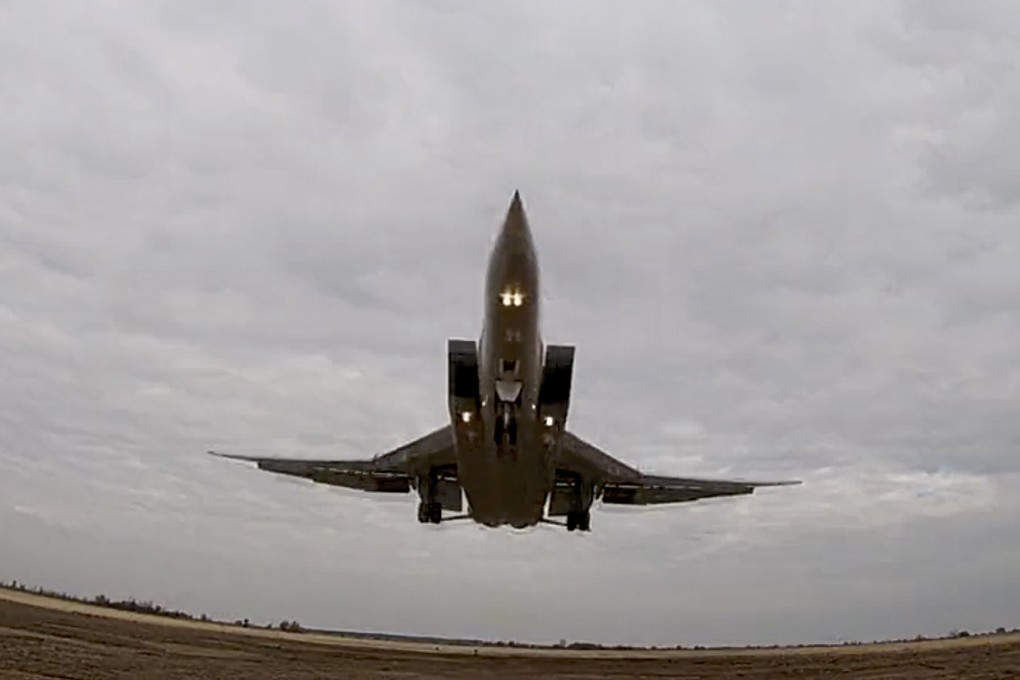 A long-range Tu-22M3 bomber of the Russian Aerospace Forces takes-off to patrol in the airspace of Belarus. Photo: Russian Defence Ministry Press Service via AP