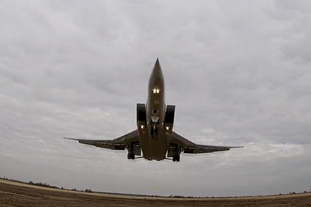 A long-range Tu-22M3 bomber of the Russian Aerospace Forces takes-off to patrol in the airspace of Belarus. Photo: Russian Defence Ministry Press Service via AP