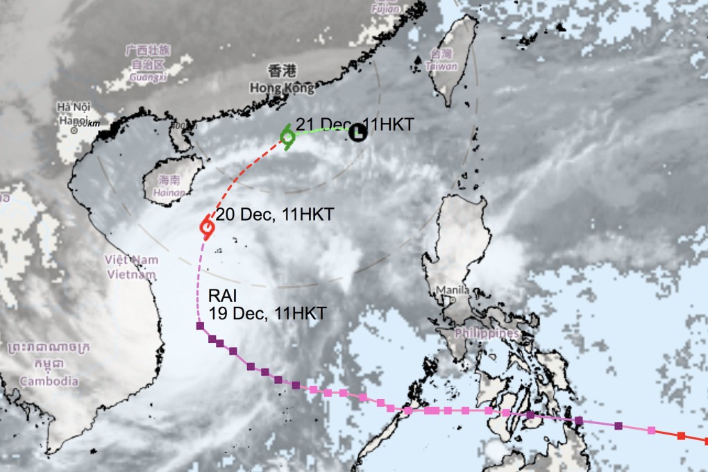 The Hong Kong Observatory’s storm tracker shows the expected path of Tropical Cyclone Rai. Photo: HKO