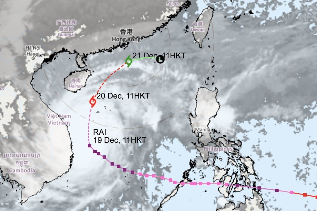 The Hong Kong Observatory’s storm tracker shows the expected path of Tropical Cyclone Rai. Photo: HKO
