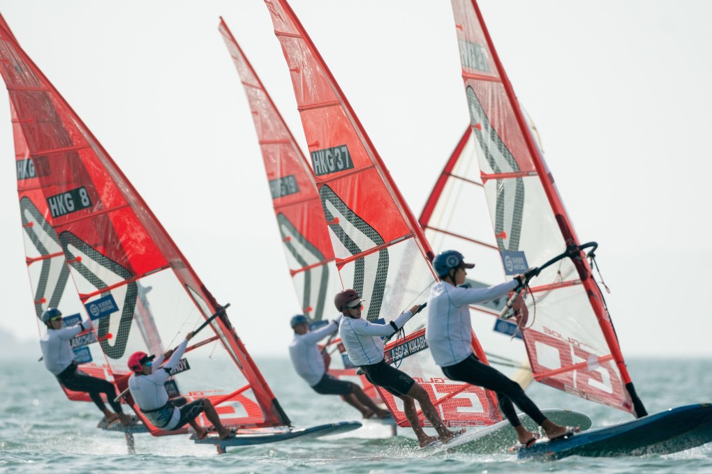 Hong Kong men’s windsurfers battle for position during the final day of the Hong Kong Championships in Stanley on Sunday. Photo: Panda Man / Takumi Images