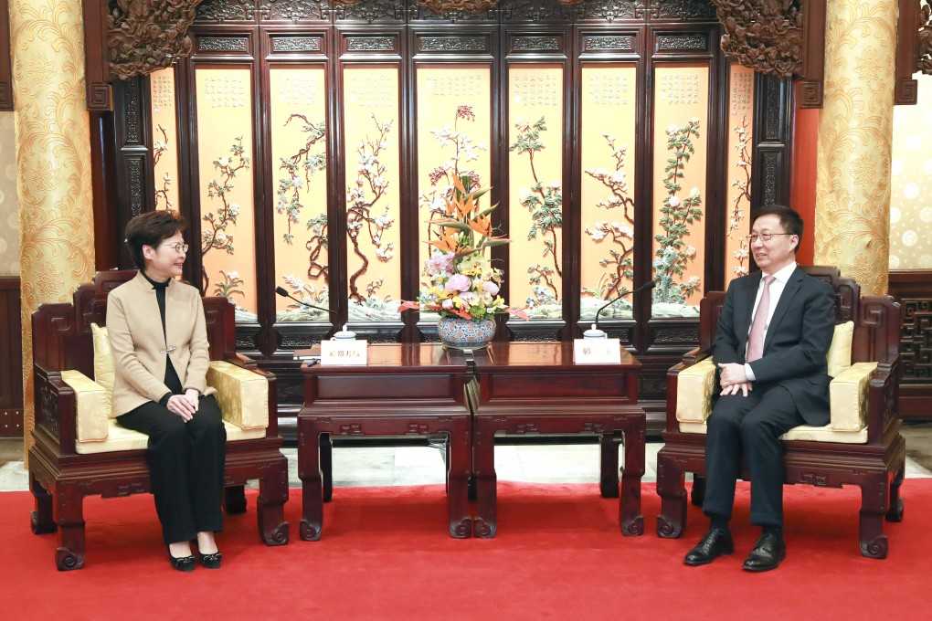 Chinese Vice Premier Han Zheng (right) meets with Carrie Lam during her visit to Beijing in March. Photo: Xinhua