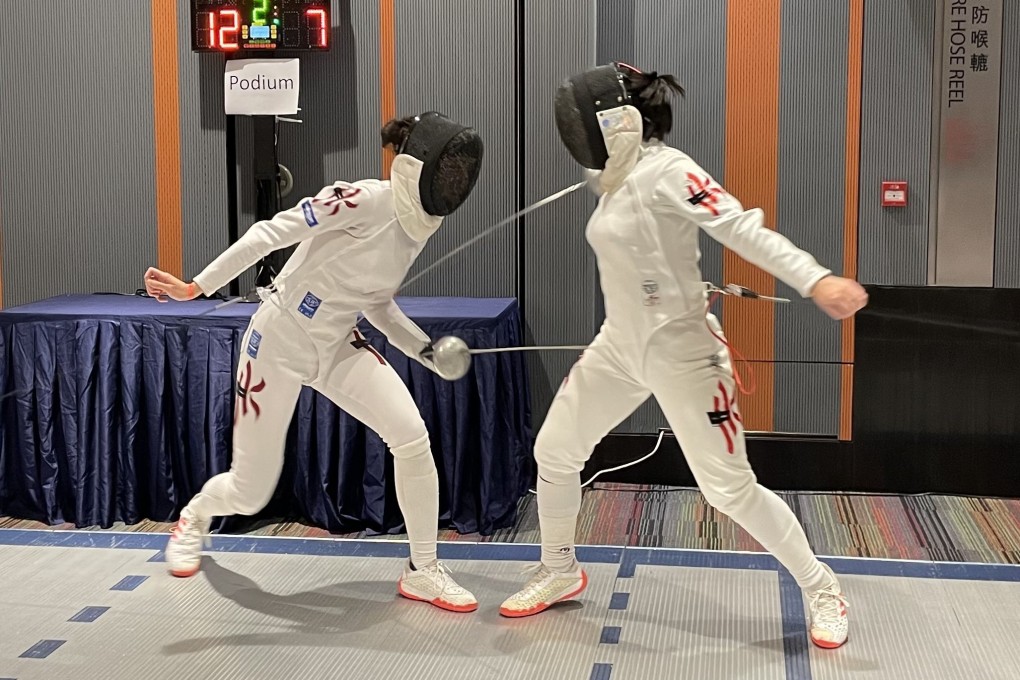 Vivian Kong (left) and Debbie Ho in the Hong Kong Challenge women’s epee final at the Science Park. Photo: Chan Kin-wa