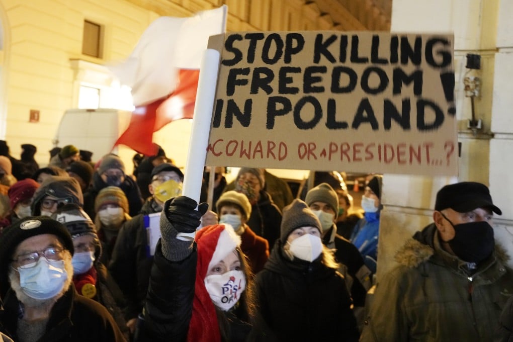 People demonstrate in Warsaw after the Polish parliament approved a bill that is widely viewed as an attack on media freedom. Photo: AP
