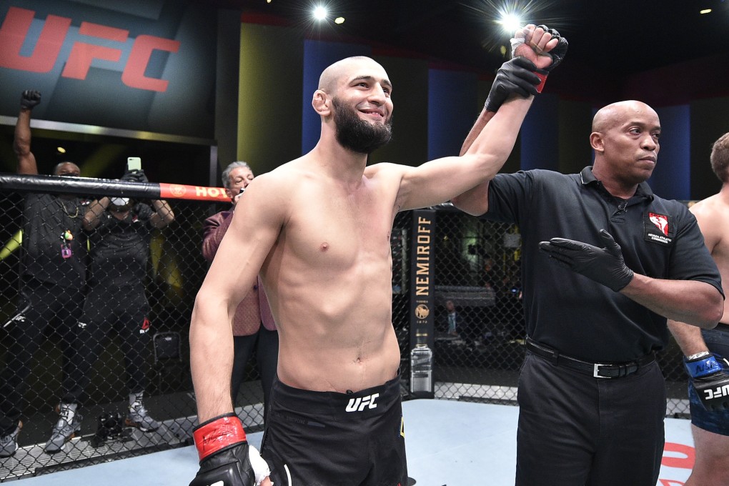 Khamzat Chimaev of Chechnya celebrates after his knockout victory over Gerald Meerschaert in September, 2020. Photo: Chris Unger/Zuffa LLC