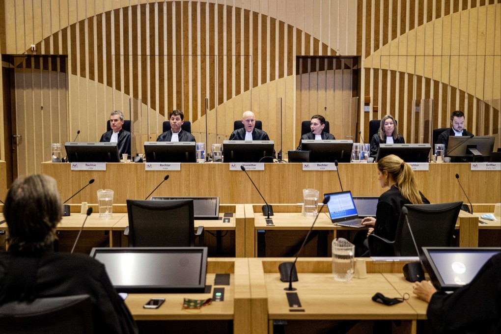 Members of the court at the Schiphol Judicial Complex preside over the MH17 trial in Badhoevedorp, The Netherlands, on Wednesday. Photo:EPA-EFE