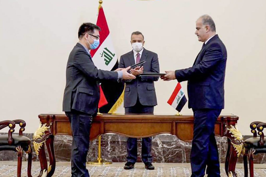 Iraqi Prime Minister Mustafa Al-Kadhimi oversaw the signing of 15 contracts on Thursday, with representatives of the Power Construction Corporation of China and Sino Tech. Photo: Twitter