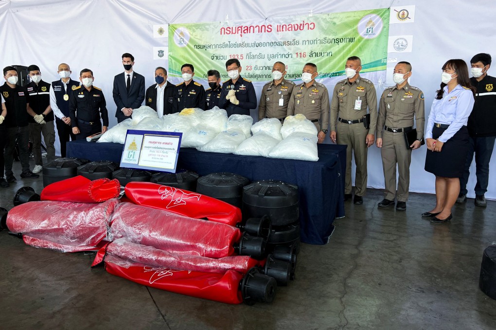 Thai customs officials show drugs hidden in boxing punch bags bound for Australia. Photo: Reuters
