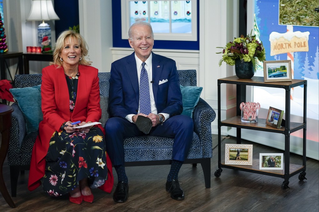 US President Joe Biden and first lady Jill Biden speak with the NORAD Tracks Santa Operations Centre via teleconference on the White House campus on Friday. Photo: AP