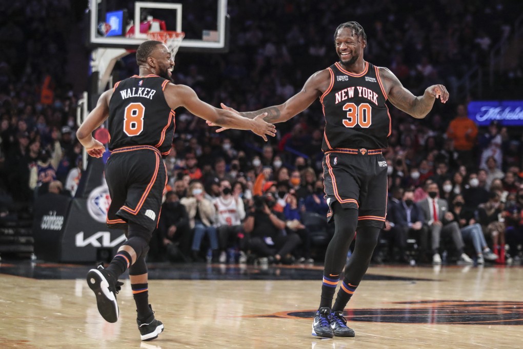 Kemba Walker (left) and Julius Randle celebrate a three-pointer against the Atlanta Hawks in the NBA. Photo: USA TODAY Sports