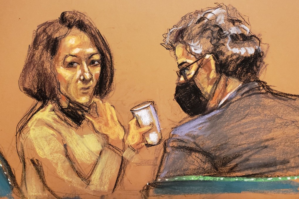 Ghislaine Maxwell pictured pulling down her mask to take a sip of water in a courtroom sketch in New York City on Monday. Photo: Bloomberg