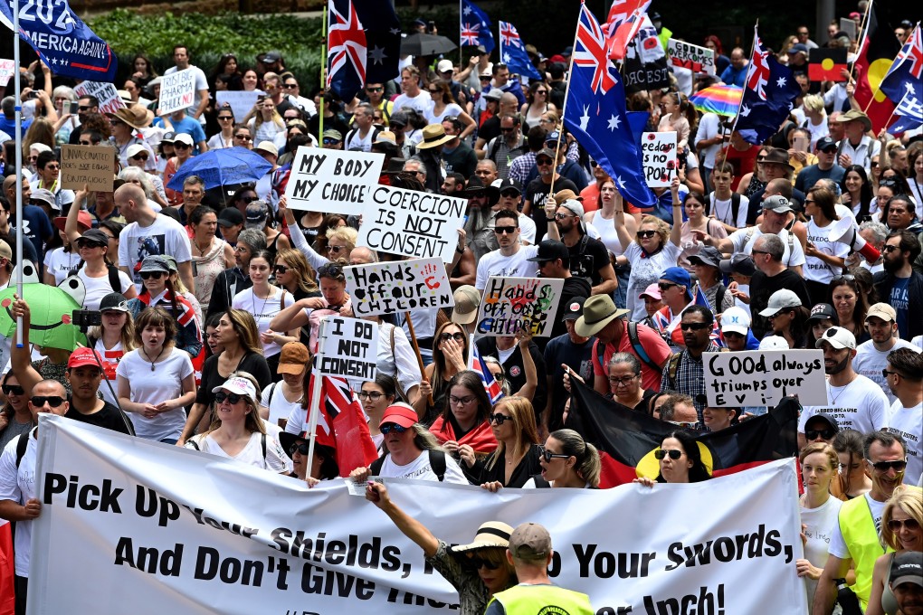 Australians protest against Covid-19 vaccine mandates and vaccine passports in Sydney, New South Wales, earlier this month. Photo: EPA
