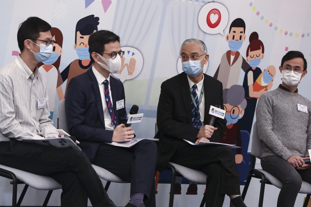 (Left to right) Social worker Stone Tsang, professors Kelvin Wang and Lam Tai-hing, and social worker Jeremy Li discuss the findings of a new survey on Wednesday. Photo: Jonathan Wong