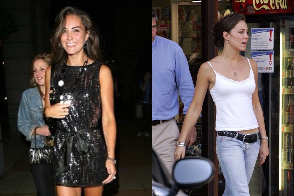 Kate Middleton in her early 20s wearing a black dress with matching boots (left) and in a white camisole and jeans. We look back at her top fashion choices as she approaches her 40th birthday.