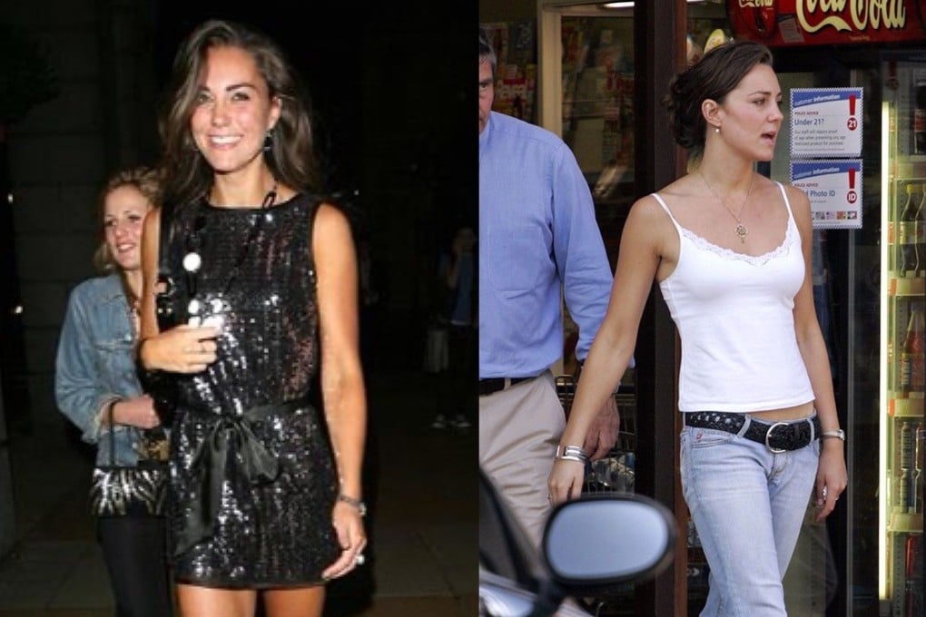 Kate Middleton in her early 20s wearing a black dress with matching boots (left) and in a white camisole and jeans. We look back at her top fashion choices as she approaches her 40th birthday.