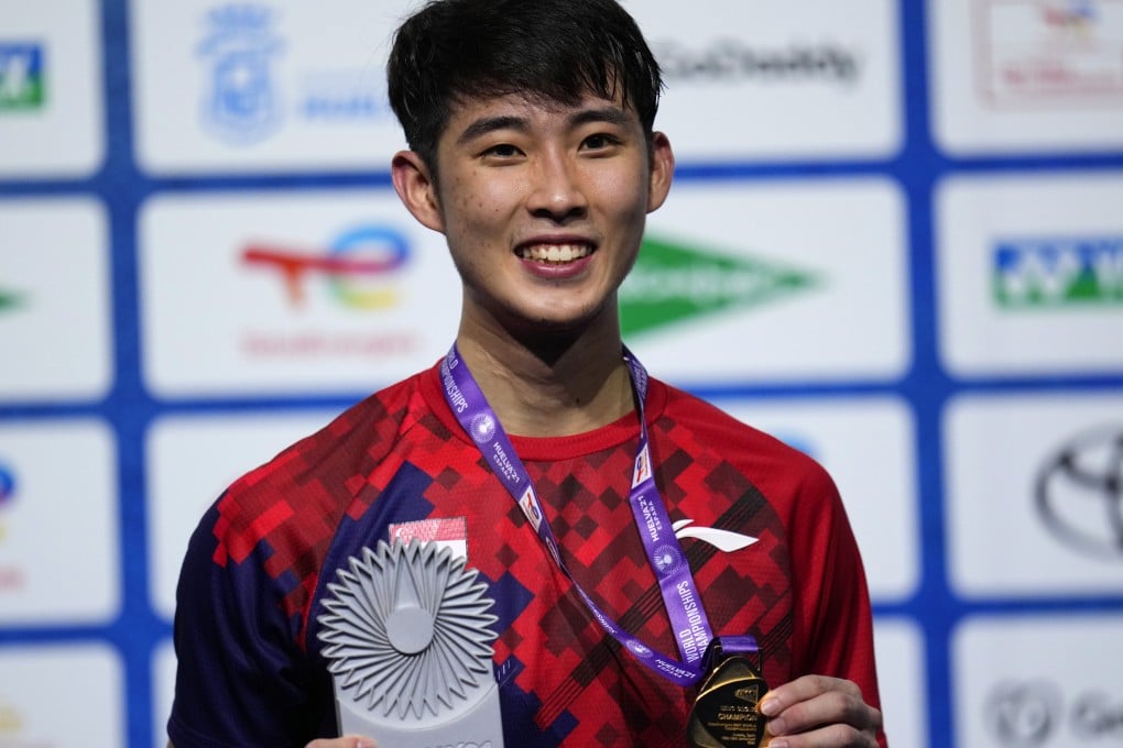 Singapore’s Loh Kean Yew with his gold medal after beating Kidambi Srikanth of India in the men’s singles badminton final event at the BWF World Championships in Huelva in Spain. Photo: AP