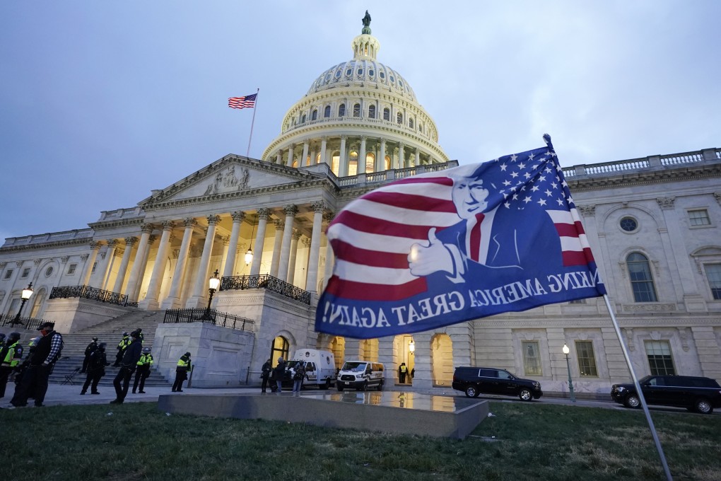 A flag left by supporters of former president Donald Trump outside the US Capitol on January 6, 2021. Photo: AP