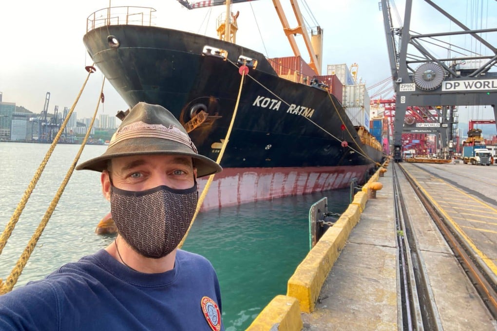 Torbjorn “Thor” Pedersen about to embark on container ship Kota Ratna bound for Palau after nearly two years stuck in Hong Kong on his round-the-world journey to every country without flying. Photo: courtesy Torbjorn Pedersen