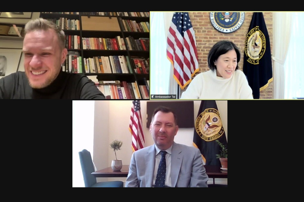 US Trade Representative Katherine Tai, right, and Lithuanian Foreign Minister Gabrielius Landsbergis, left, said in a phone call on Wednesday the two nations would communicate regularly to strengthen their economic relations. Photo: Twitter