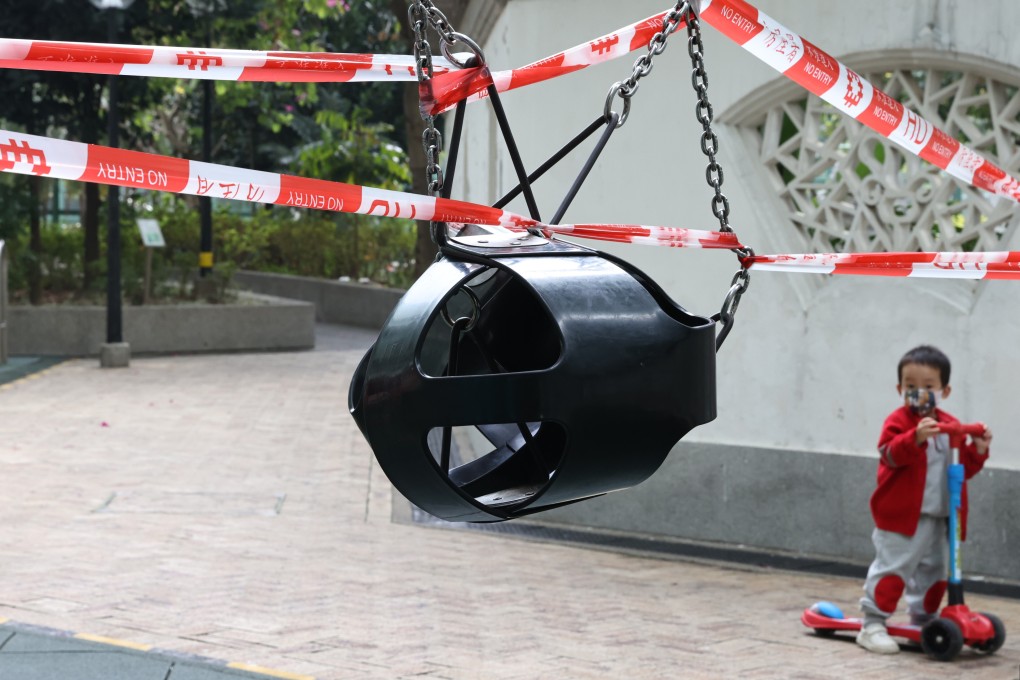 A child rides his scooter in Sham Shui Po. Playground facilities are closed as the government takes measures to fight a possible fifth wave of Covid-19. Photo: K. Y. Cheng