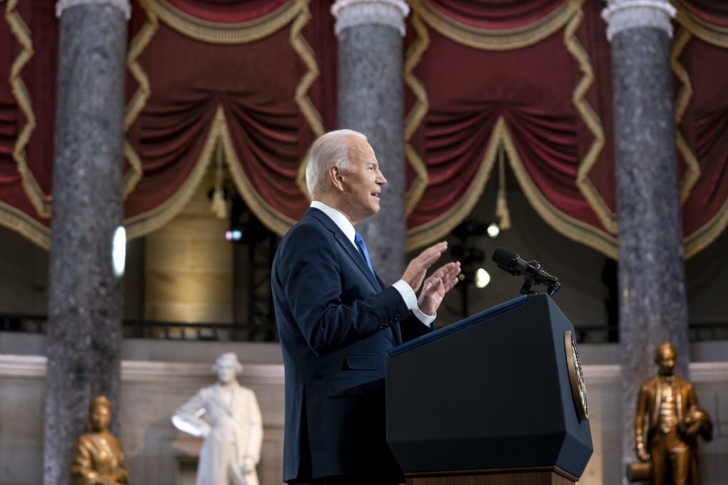 US President Joe Biden speaks in Statuary Hall of the US Capitol on Thursday, the anniversary of the January 6 insurrection. Photo: EPA-EFE