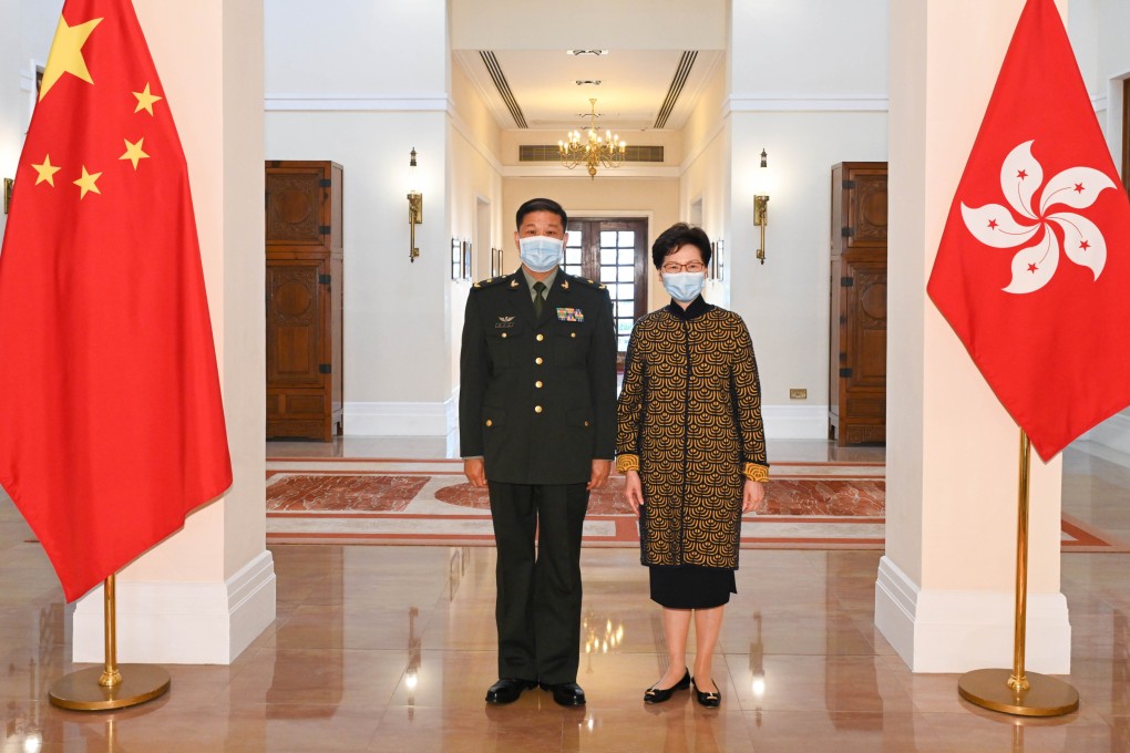 Hong Kong Chief Executive Carrie Lam Cheng Yuet-ngor meets Commander-in-chief of the PLA’s Hong Kong garrison, Major General Peng Jingtang on Monday. Photo: South China Morning Post