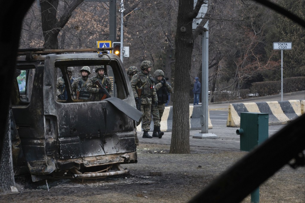 Soldiers patrolling the streets of Almaty, Kazakhstan on Monday. Photo: AP
