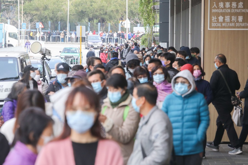 People queue for Covid-19 testing outside Siu Lun Community Hall testing centre in Tuen Mun on Wednesday. Photo: Jelly Tse